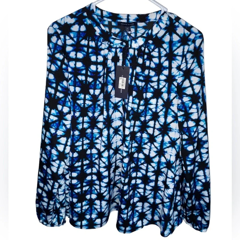 Tommy Hilfiger Blouse Blue White Tie Dye Geometric Print Long Sleeve Size Small